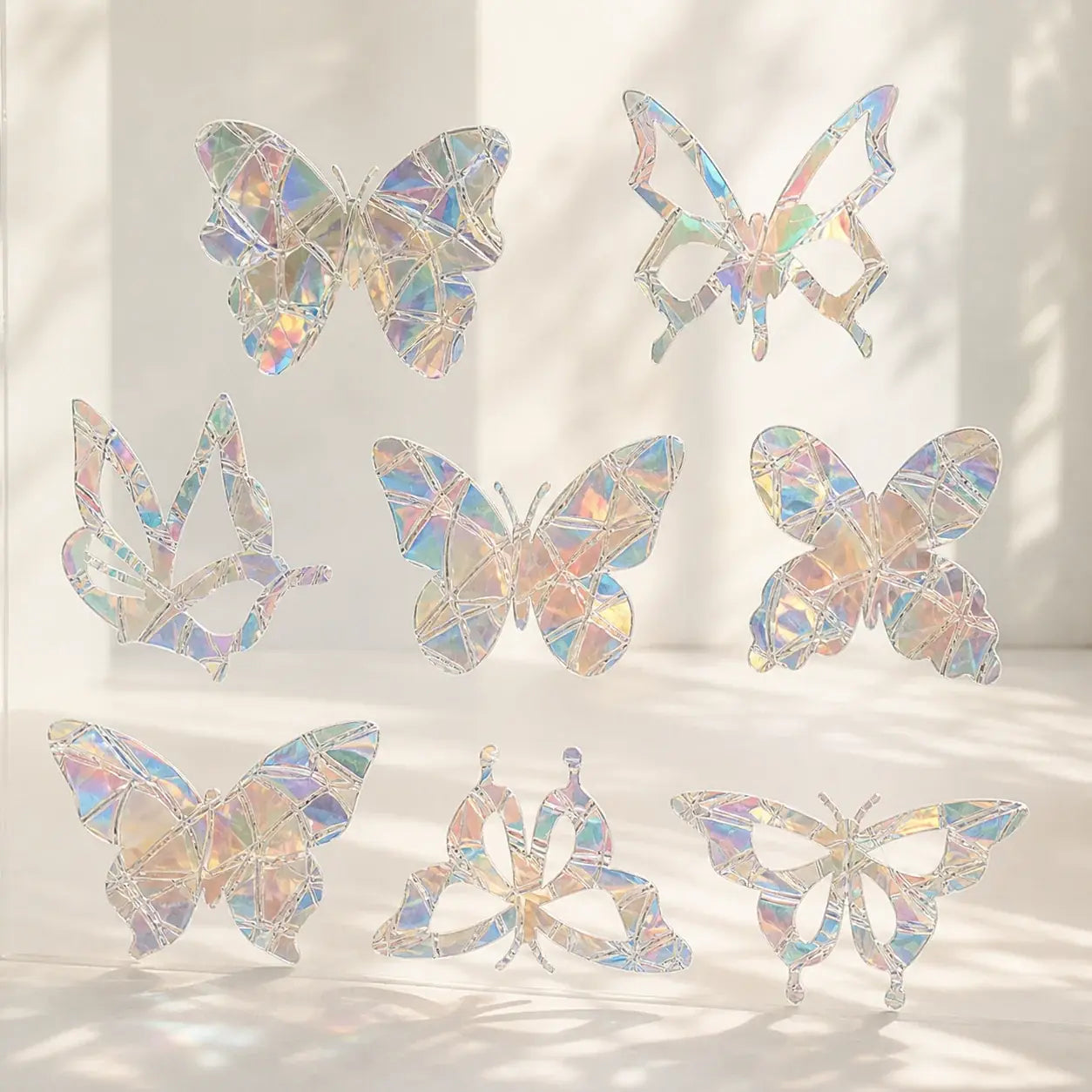 Iridescent Butterflies set with eight prismatic window clings shown on a plain background