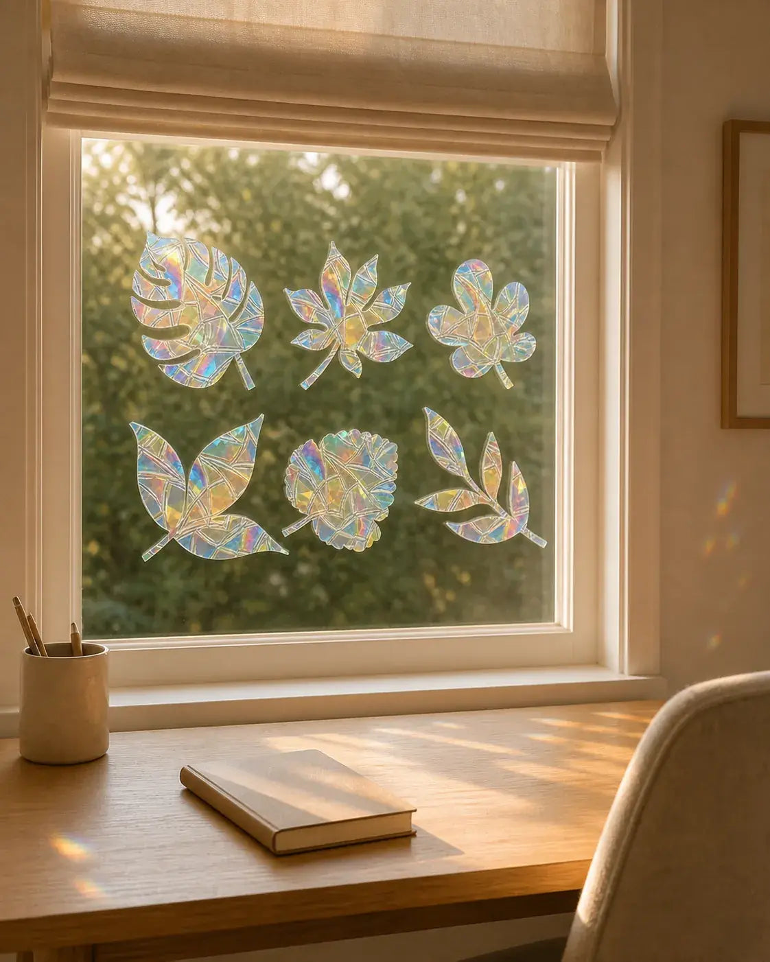 Botanical prismatic window clings casting colorful light in a calm home office