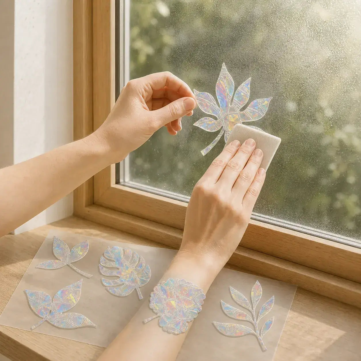 Adult hands positioning a translucent prismatic static cling on clean wet interior glass