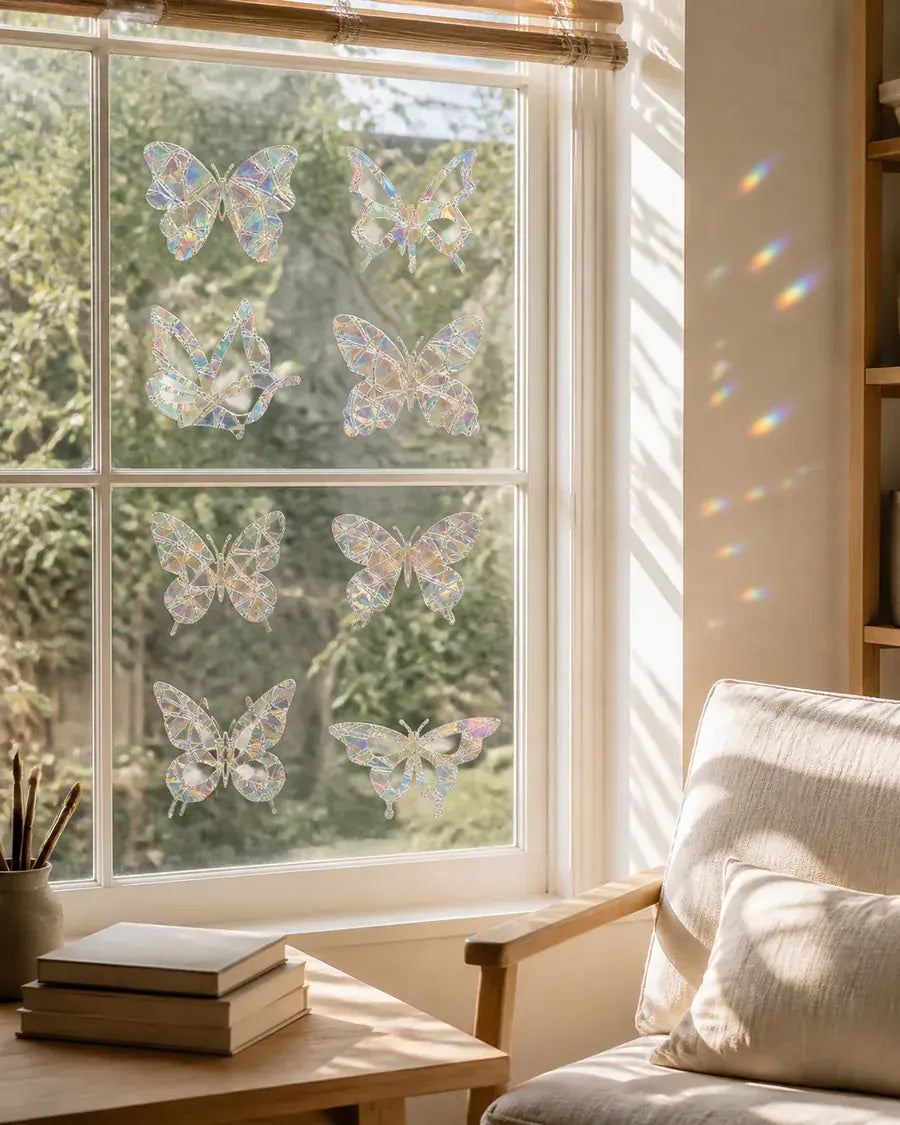 Iridescent butterfly-shaped window clings on a bright interior window