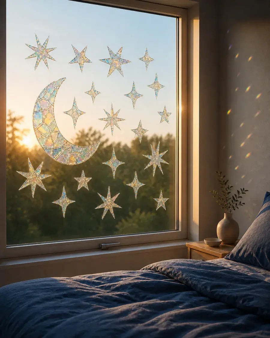 Prismatic crescent moon and star window clings on a sunlit interior window