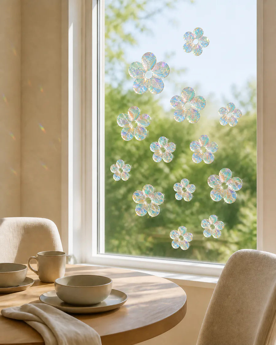 Iridescent flower-shaped window clings on a bright interior window