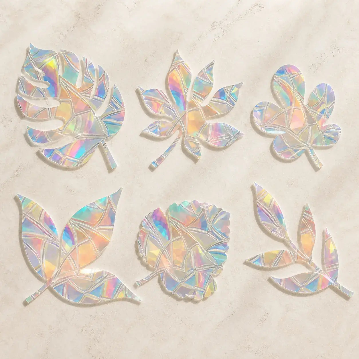 Botanical Leaves set with six prismatic window clings shown on a plain background