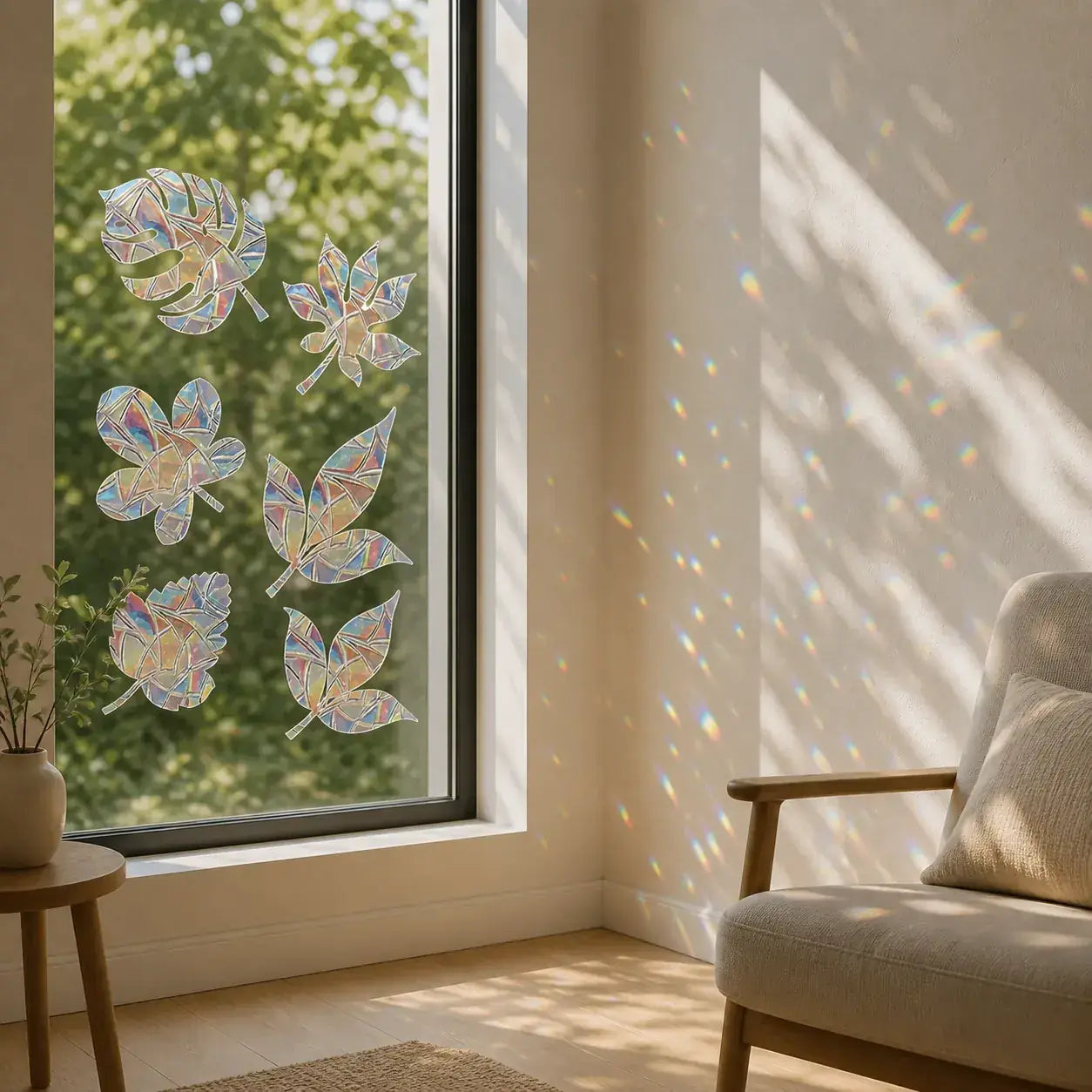 Botanical prismatic window clings on a sunlit interior window casting rainbow fragments