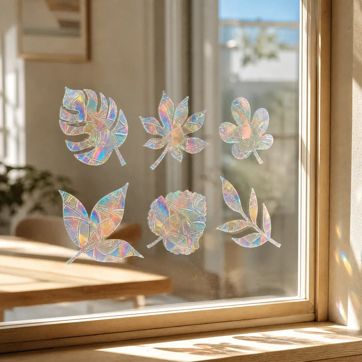 Direct sunlight passing through translucent prismatic window forms and creating spectral color